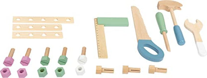 Compact Wooden Workbench by Small Foot –Tool Bench Set in Nordic Theme – 21+ Piece Playset Includes Hammer, Saw, Screwdriver, Nails, Screws and Measuring Stick – Improves Motor Skills – Ages 3+ Years