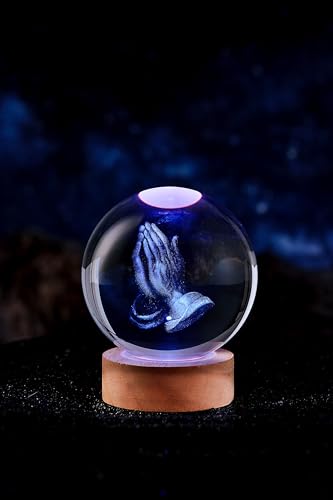 3D Hands Crystal Ball Lamp with Remote Control, 3.15 inch Prayer Crystal Night Light with Wooden Base 16 Colors Change, Glass Pray Figurine Lamp Gift for Girls Boys Wife Mom (Hands) - color: Hands
