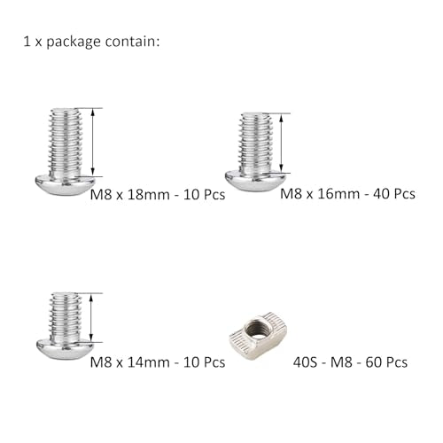 120Pcs 4040 Aluminum Extrusion Hardware Kit - M8 T Slot Nuts & Bolts 10Pcs M8x14, 40 M8x16, 10 M8x18, 60Pcs 40 Series M8 Drop-in T Nuts, Compatible with 4040 4080 Extrusion Accessories - style: 40 Series Type Silver