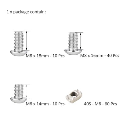 120Pcs 4040 Aluminum Extrusion Hardware Kit - M8 T Slot Nuts & Bolts 10Pcs M8x14, 40 M8x16, 10 M8x18, 60Pcs 40 Series M8 Drop-in T Nuts, Compatible with 4040 4080 Extrusion Accessories - style: 40 Series Type Silver