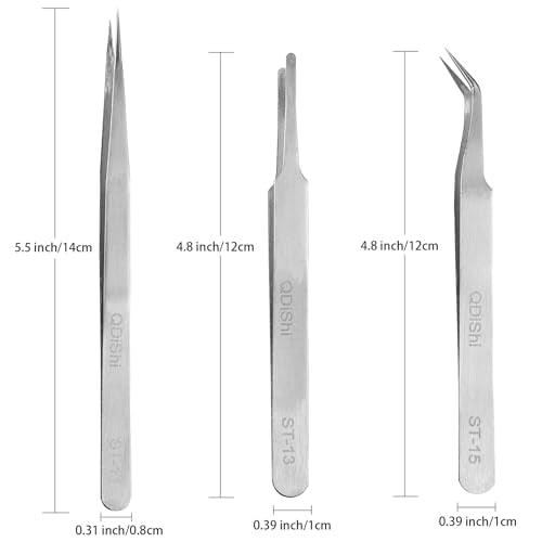 QDiShi Precision Tweezers Set,Upgraded Stainless Steel of Tweezers - Extra Fine,Angled,Blunt Tips for Electronics,Hobby, Industrial,Laboratory Work,Jewelry-Making,Model,Craft（3Pcs）