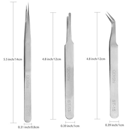 QDiShi Precision Tweezers Set,Upgraded Stainless Steel of Tweezers - Extra Fine,Angled,Blunt Tips for Electronics,Hobby, Industrial,Laboratory Work,Jewelry-Making,Model,Craft（3Pcs）