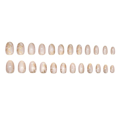 Short Press on Nails Almond Fake Nails Cat's Eye False Nails with Gold Flower Designs Artificial Nail Nude Glitter Glue on Nails Cute Summer Stick on Nail for Women 24Pcs - color: Style08