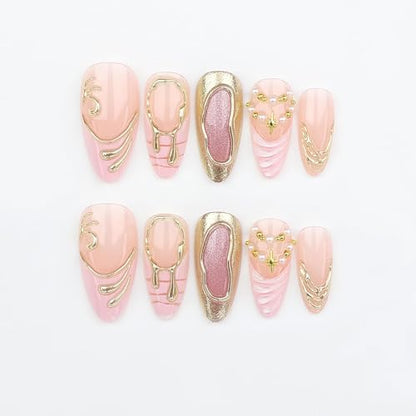 Almond Press on Nails Long Pink Fake Nailwith 3D Charms Acrylic Nail Press ons Golden Embossed Stick on Nails for Women 24pcs - color: Color01