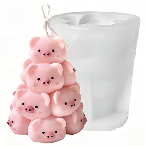 Piggy Christmas Tree Silicone Candle Mold, DIY 3D Piggy Tower Shape Mold, Stack Piggy for Candle Making Handmade Ornaments, Cute Animal Molds for Christmas Gift(2.8x2.36) - color: Piggy Christmas Tree 2.8"x2.36"
