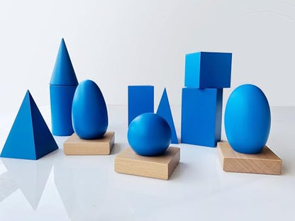 Premium Montessori Geometric Solids with Matching Cards, Solid Beechwood 3D Shapes, Plane Figures, Stands & Cards, Sensorial Geometry Materials for Spatial Awareness, Homeschool Classroom Kids 3-9