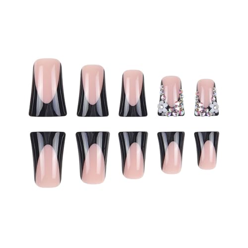 Duck Press on Nails Black French Tip Fake Nails Medium Acrylic Nails Press Ons with 3D Flower and Diamond Design Artificial False Nails Light Luxury Shining Full Cover Stick On Nails for Women - color: Style-A11