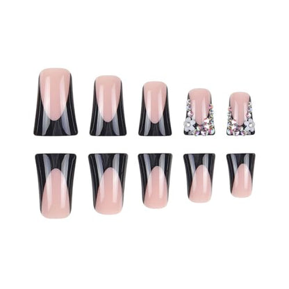 Duck Press on Nails Black French Tip Fake Nails Medium Acrylic Nails Press Ons with 3D Flower and Diamond Design Artificial False Nails Light Luxury Shining Full Cover Stick On Nails for Women - color: Style-A11