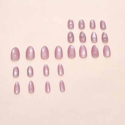 Pink Cat Eye Press on Nails Medium Almond Fake Nails White French Tip False Nails with Heart Designer Reusable Acrylic Nail Bow Artificial Glue on Nails for Women 24Pcs - color: Style13