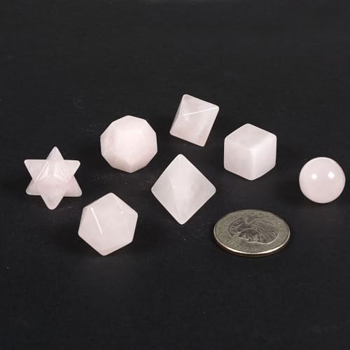 Justinstones 7-Piece Rose Quartz Natural Crystal Geometry Collection Healing Crystals Kit Sacred Geometry Platonic Solids Geometric Set Tumbled Stones Specimen Collection - style: Rose Quartz