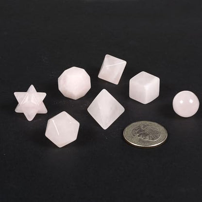 Justinstones 7-Piece Rose Quartz Natural Crystal Geometry Collection Healing Crystals Kit Sacred Geometry Platonic Solids Geometric Set Tumbled Stones Specimen Collection - style: Rose Quartz