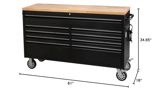 61-Inch Heavy-Duty Rolling Tool Chest with 9 Lockable Drawers, Rubber Wood Tabletop, Steel Storage Cabinet & Workbench for Garage Workshop, Includes Key Lock, Drawer Liners, Wheels in Black - size: 61 Inch