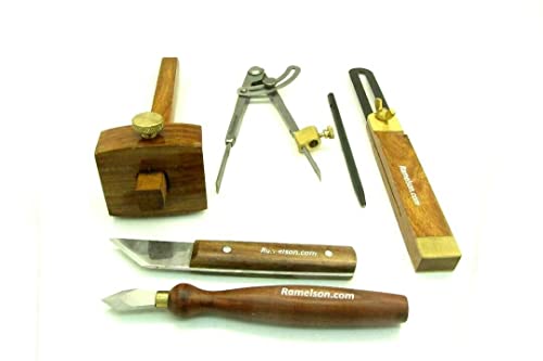 UJ Ramelson Co 6pc Complete Professional Wood Marking/Striking Carving Drawing Knife Set with Sliding Bevel and Mortise/Marking Gauge & 8" Wing Compass with Brass holder for Scriber or Pencil