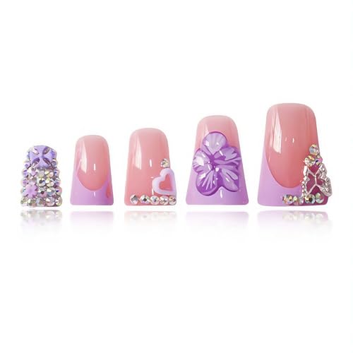 24Pcs Press on Nails Medium Duck Mouth Fake Nails Square French Tip False Nails Press Ons with 3D Flower and Rhinestones Designs Acrylic Nails Glossy Full Cover Artificial Nail for Women - color: Style-A18