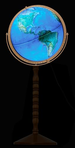 Treasury 12" Diameter Blue Illuminated Globe, USA Cartography, Convertible to Desktop with Sturdy Metal Base and Hand Turned Hard Wood Stand.This economical 12” floor model stands 32” high on a durable metal base and attractive wooden pedestal. Easily con