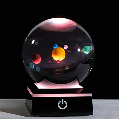 Qianwei 3D Solar System Model Crystal Ball Astronomy Gifts Men Space Decor - style: Colorful Solar System+LED BASE