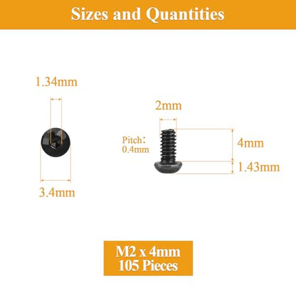 105 Pieces M2 x 4mm Button Head Socket Cap Screws, Thread Pitch 0.4mm, Sutemribor M2 Black Screws, 10.9 Grade Alloy Steel, Black Oxide Finish, Fully Threaded - size: M2 x 4mm, style: Button Head