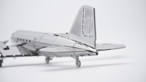 METAL-TIME Remarkable Douglas, Douglas DC-3 Model, 3D Metal Airplane Model Mechanical Building Kit, Unique Wind-Up Moving Mechanism, Stainless Steel DIY Construction with Toolbox - 146 Pieces.