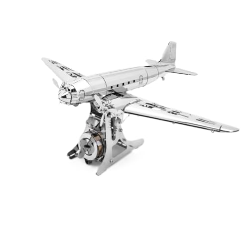 METAL-TIME Remarkable Douglas, Douglas DC-3 Model, 3D Metal Airplane Model Mechanical Building Kit, Unique Wind-Up Moving Mechanism, Stainless Steel DIY Construction with Toolbox - 146 Pieces.