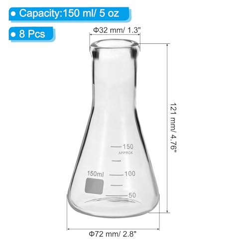 PATIKIL Erlenmeyer Flask, 8Pcs 150ml 5oz Narrow Mouth Graduated Flasks Borosilicate Glass with Printed Graduation for Lab Experiment Chemistry Science Study - size: 150ml/5oz