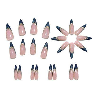 Stiletto Press on Nails Medium Blue Fake Nail Golden Embossed Acrylic Nail Press ons Cat Eye Stick on Nail for Women 24pcs - color: Color37