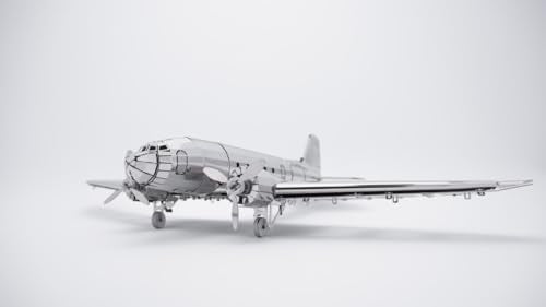 METAL-TIME Remarkable Douglas, Douglas DC-3 Model, 3D Metal Airplane Model Mechanical Building Kit, Unique Wind-Up Moving Mechanism, Stainless Steel DIY Construction with Toolbox - 146 Pieces.