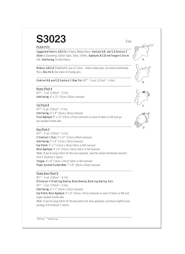 Simplicity SS3023OS Plush Bunny, Cat, Dog and Panda Sewing Pattern Packet by Elaine Heigl Designs, Design Code S3023, One Size, Multicolor