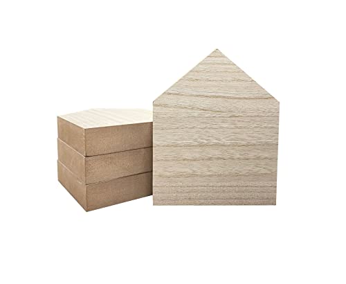 6 Inch 4 Pieces Unfinished Wooden House Shaped Blocks for Crafts Blank Wood House Freestanding Mother's Day Memorial Sign，1 Inch Thick MDF - size: 6 in