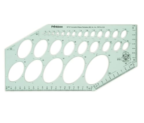 Printtoo Ellipse Template 29.5 x 14.5 cm, 2 mm Acrylic Oval Drafting Stencil with 28 Metric Ellipse Cutouts, 30/60 Degree Guides, Measuring Ruler for Engineering Architecture Design - color: Series-PRTD-2120