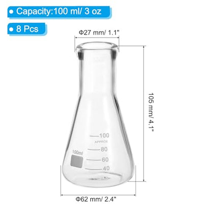 PATIKIL Erlenmeyer Flask, 8Pcs 100ml 3oz Narrow Mouth Graduated Flasks Borosilicate Glass with Printed Graduation for Lab Experiment Chemistry Science Study - size: 100ml/3oz