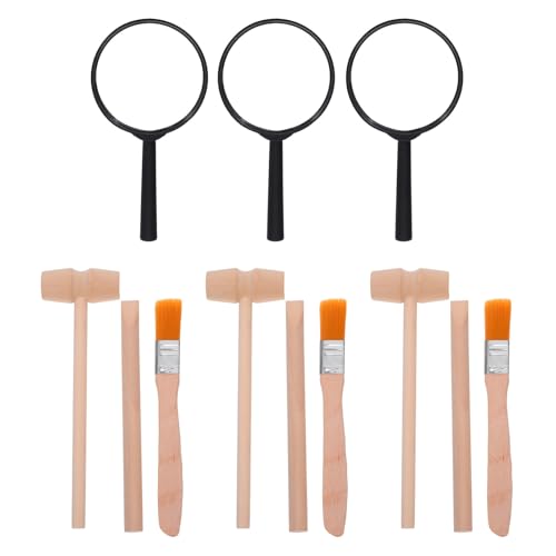 Kisangel Archaeology Kit for Kids Digging Tools Toy Set with 3 Wooden Hammers 3 Wooden Chisels 3 Wood Brushes and 3 Magnifiers Educational Science Kit for Hands-on Learning