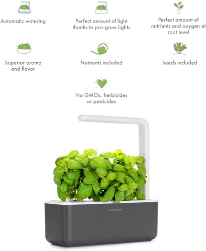 Click & Grow Indoor Herb Garden Kit with Grow Light | Smart Garden for Home Kitchen Windowsill | Easier Than Hydroponics Growing System | Vegetable Gardening Starter (3 Basil Pods Included), Grey - color: Gray