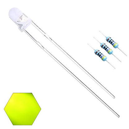 100pcs 3mm Yellow-Green Lights LED Diodes Clear Round Lens 29mm Lead Farme (DC 2V) +100pcs Resistors (for DC 6-12V), Bright Bulb Lamps Light Emitting Diode - color: [08] Yellow-green / 100pcs, style: [A] 3mm Constant Light