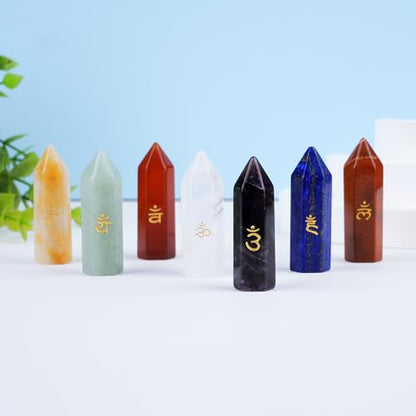 TGS Gems 7pcs Chakra Tower Crystal Stones Natural Reiki Healing Crystals Gemstones with Engraved Chakra Symbol Chakra Stone Kit for Meditation Crystal - color: Ckl-ljz