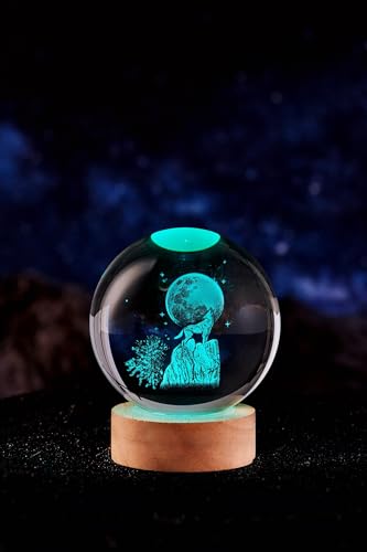 3D Wolf Crystal Ball Lamp with Remote Control, 3.15 inch Crystal Night Light with Wooden Base 16 Colors Change, Glass Figurine Lamp Gift for Girls Boys Wife Girlfriend Mom (Wolf) - color: Wolf