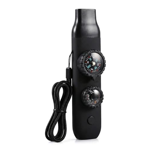 7-in-1 Emergency Survival Safety Whistle with Compass & Thermometer, High-Strength ABS Kids Whistle for Hiking, Camping, Boating, Kayaking, Loud Survival Gear with Lanyard & LED Signal Light