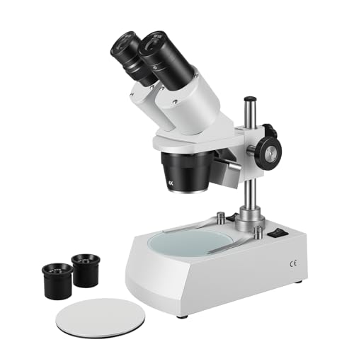 Stereo Microscope，Binocular Microscope, WF10x and WF20x Eyepieces, 10X-80X Magnification, Upper and Lower LED Light Source, Pillar Stand,120V Power Supply and Lithium Battery