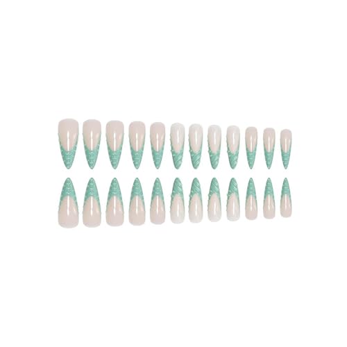 Stiletto Press on Nails Long Green French Tip Fake Nails Glossy Full Cover False Nails with Designs Extra Long Nail Press ons Sparkly Artificial Acrylic Nails Cute Stick on Nail for Women 24Pcs - color: Style22