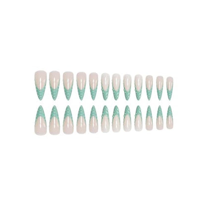 Stiletto Press on Nails Long Green French Tip Fake Nails Glossy Full Cover False Nails with Designs Extra Long Nail Press ons Sparkly Artificial Acrylic Nails Cute Stick on Nail for Women 24Pcs - color: Style22