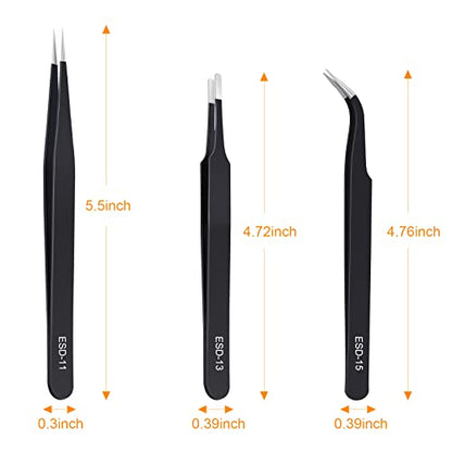 kaverme 3PCS Precision Tweezers Set, Upgraded Anti-Static Stainless Steel