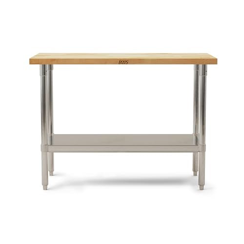 John Boos JNS09 Maple Wood Top Stallion Work Table, Galvanized Legs, Adjustable Lower Shelf, 1-1/2" Thick, 48" Length x 30" Width - size: 48"L x 30"W x 36" H, style: Steel Base