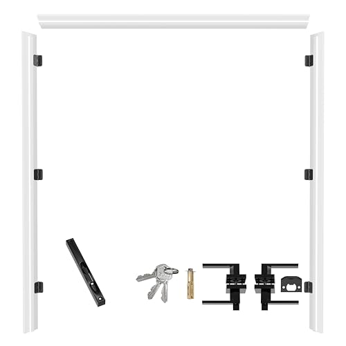 Pine Wood French Door Jamb Frame Kits, Primed, Pre-Installed Hinges, Door Seal Strips, Pre-Drilled Top Latch & Levers, Adjustable (Fits up to 72") - color: French Door Jamb Kit