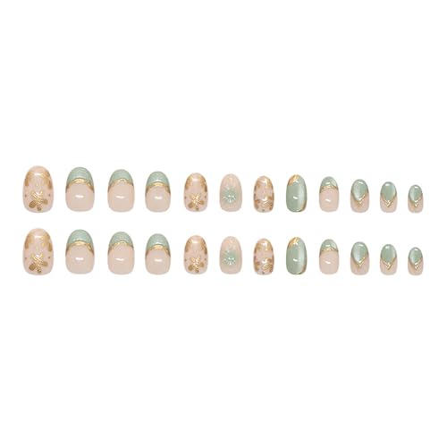 3D French Tip Press on Nails Medium Almond Green Glitter Fake Nails Flowers False Nails with Designs Full Cover Almond Shaped Acrylic Nails Press ons Summer Stick on Nail for Women 24Pcs - color: Style14