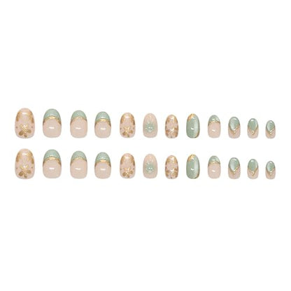 3D French Tip Press on Nails Medium Almond Green Glitter Fake Nails Flowers False Nails with Designs Full Cover Almond Shaped Acrylic Nails Press ons Summer Stick on Nail for Women 24Pcs - color: Style14