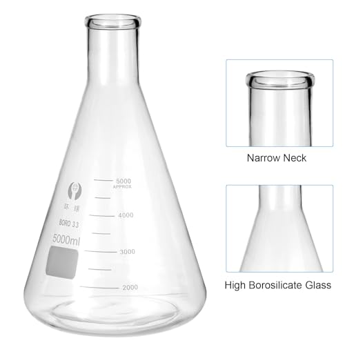 PATIKIL Erlenmeyer Flask, 5000ml 169oz Narrow Mouth Graduated Flasks Borosilicate Glass with Printed Graduation for Lab Experiment Chemistry Science Study - size: 5000ml/165oz