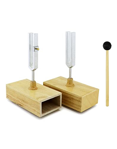 QWORK Tuning Fork 440HZ, 2 Pcs Singing Tone Tuning Set, Steel Tuning Forks with Wood Resonator Box for Various Experiments