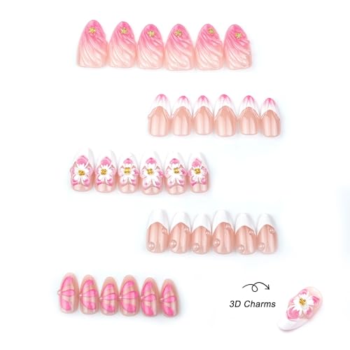 Pink Press on Nails Almond Short 3D Flowers Press on False Nails with Gold Charms Water Drop Stick on Nail for Women 30pcs - color: Color44