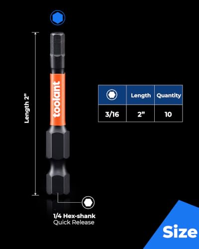toolant 3/16-inch Impact Hex Bit Set, 10-Piece, 2-inch - size: 3/16"(10pcs)