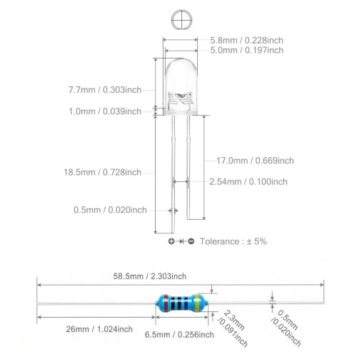 Chanzon 100pcs 5mm Yellow LED Diodes + 100pcs 470Ω 1/4W 1% Resistors Kit - color: G) Yellow, size: 5mm