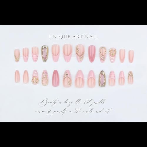 Almond Press on Nails Long Pink Fake Nailwith 3D Charms Acrylic Nail Press ons Golden Embossed Stick on Nails for Women 24pcs - color: Color01